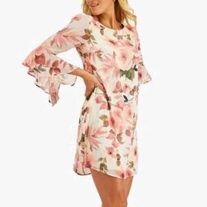 Connected Apparel Chiffon Floral Dress Woman Plus 18 Bell Sleeves Pink Coral Nwt